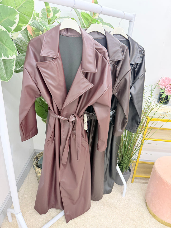 Womens fashion faux leather trench coat - plum, black & brown