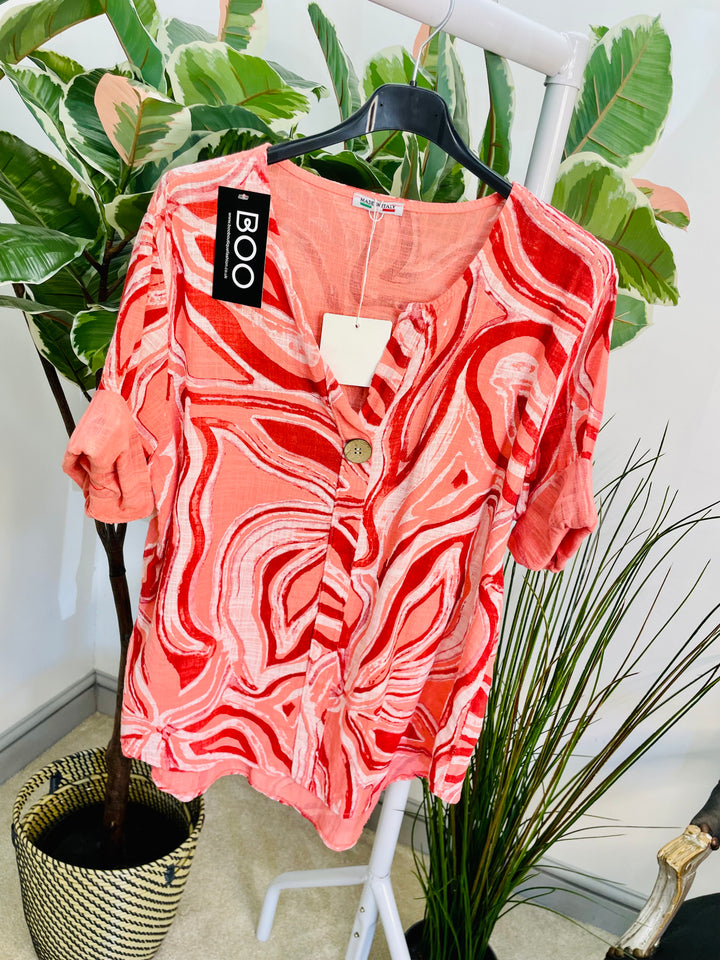 LADIES COTTON LINEN SUMMER GRANDAD TOP - CORAL, WHITE, GREEN & PINK
