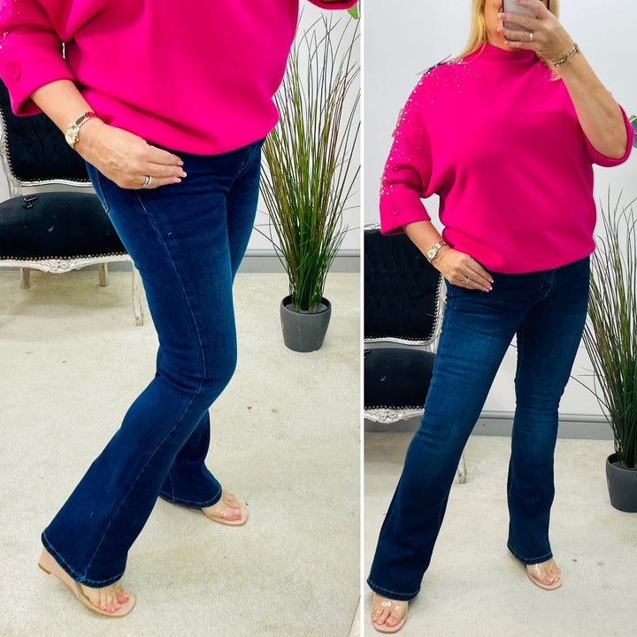 LADIES DARK BLUE DENIM KICK FLARE JEANS