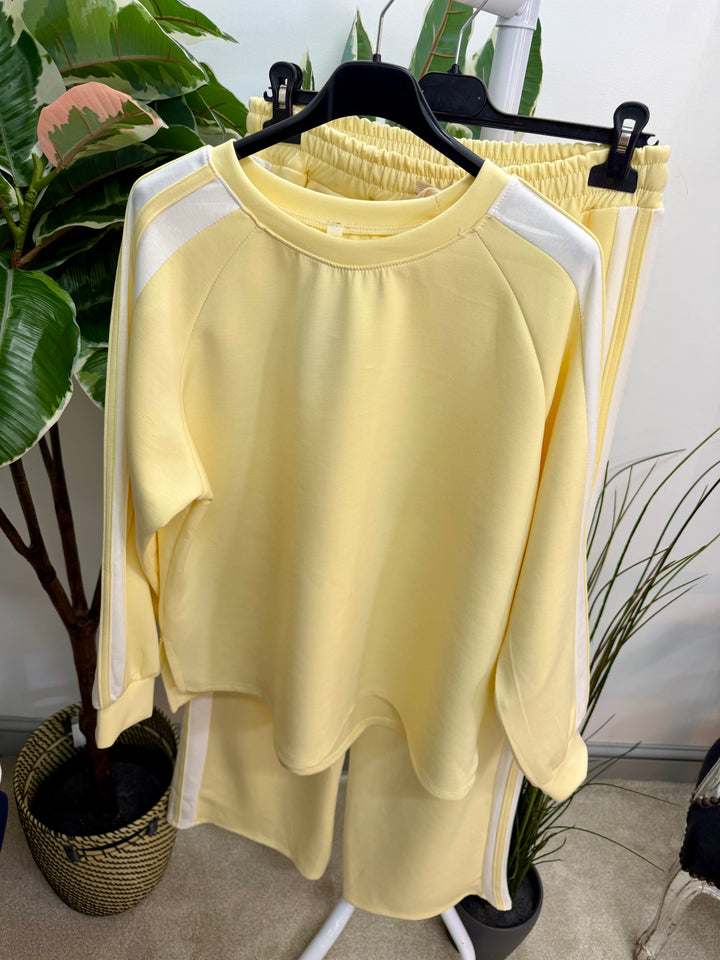 Ladies Fashion Wide Leg Tracksuit co ord set lemon