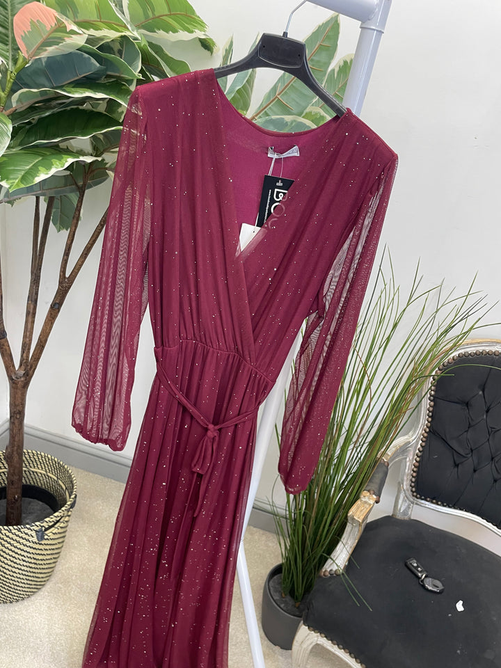 LADIES STRETCH NET PARTY MAXI DRESS - BLACK, BERRY, BROWN & GREEN