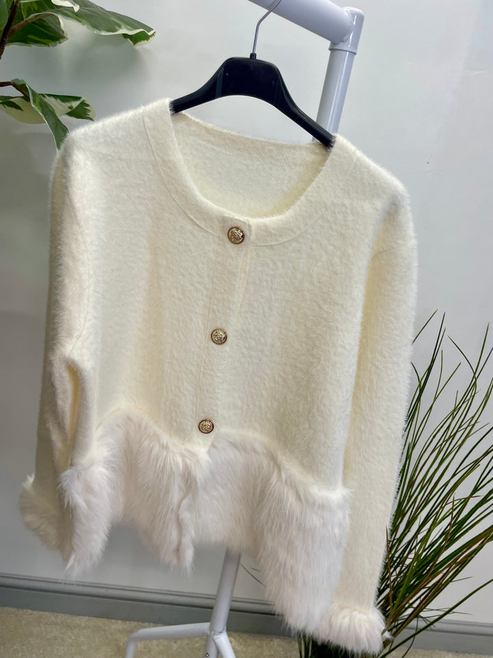 LADIES KNITTED FLUFFY FAUX FUR CARDIGAN - CAMEL, CREAM & BLACK