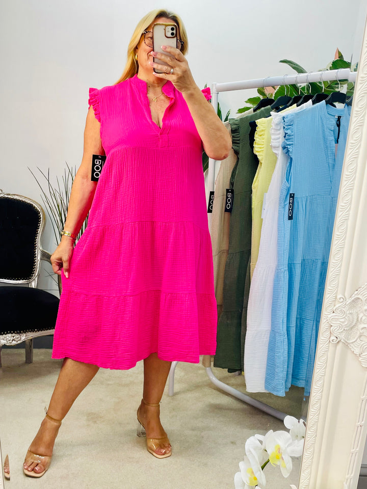 LADIES CHEESECLOTH SMOCK SUMMER MIDI DRESS - LEMON, WHITE, PINK, NAVY, BLUE, KHAKI, BEIGE
