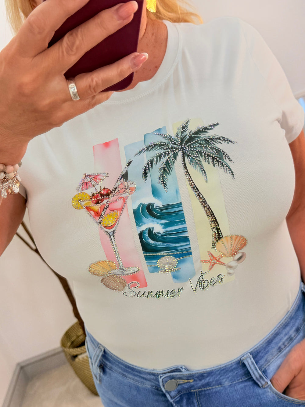 Ladies Fashion White Stretch Sparkly Palm Tree Cocktail Tee T Shirt