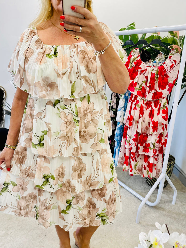 LADIES FLORAL PLEATED SUMMER EVENT MIDI DRESS - RED, BLUE, BEIGE & BLACK