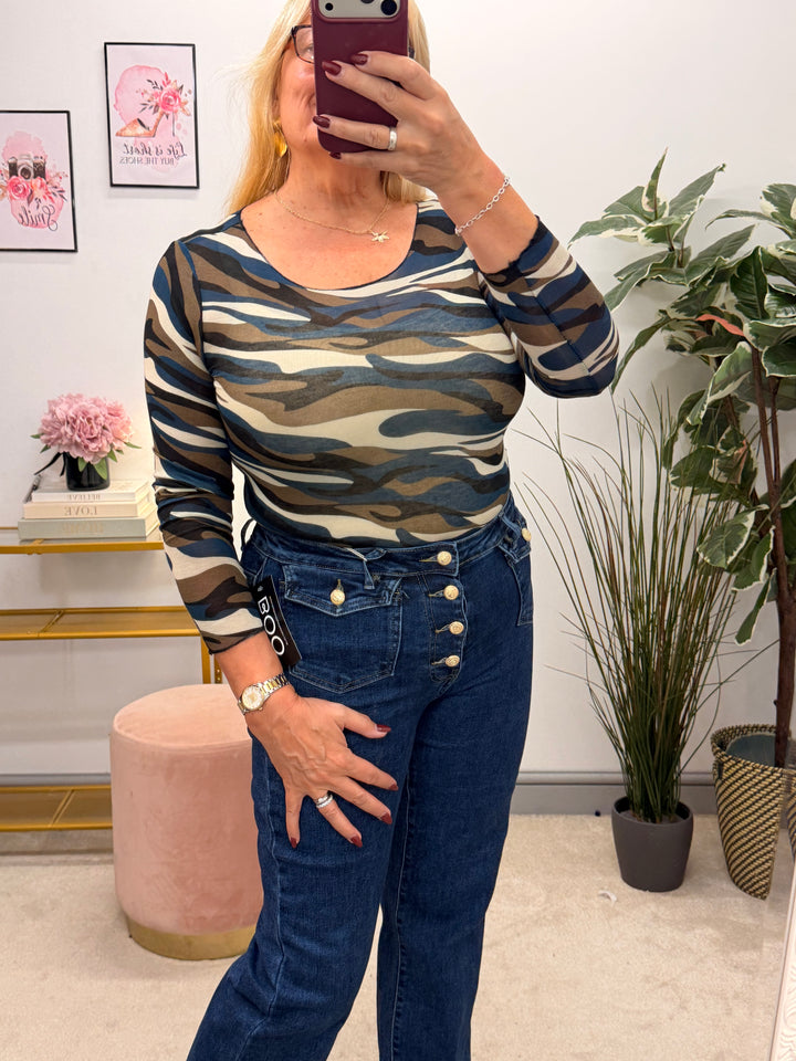 Womens sheer camouflage layer top - blue, khaki, navy & black