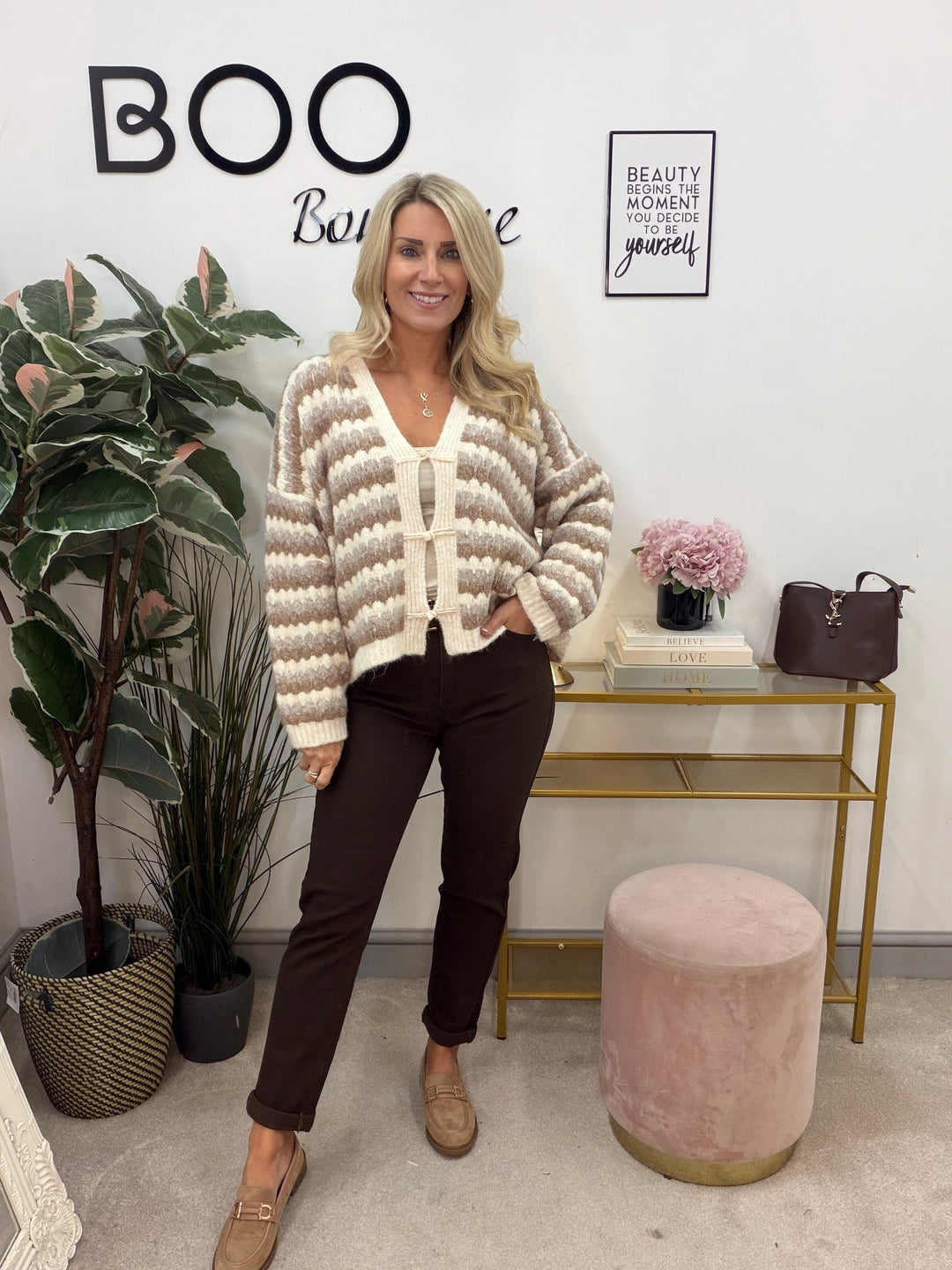 Ladies Fashion Knitted Stripe Cardigan - Beige & Mocha