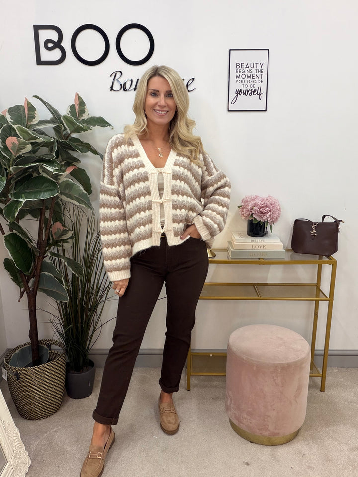 Ladies Fashion Knitted Stripe Cardigan - Beige & Mocha