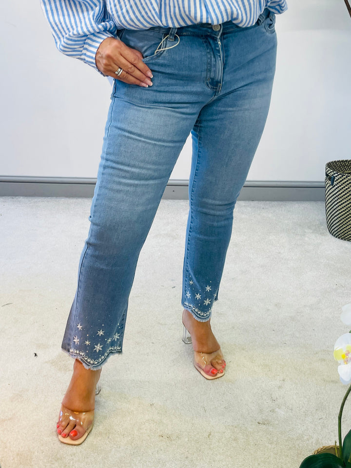 LADIES WOMENS EMBELLISHED ANKLE GRAZER JEANS