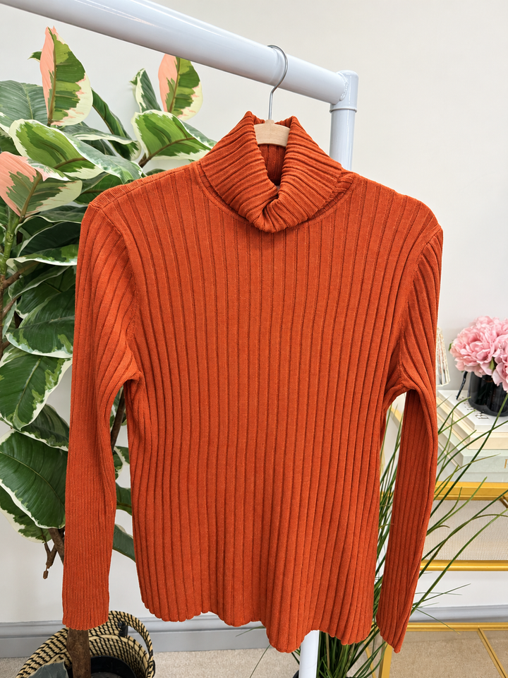 Women’s ribbed knit roll neck jumper rust