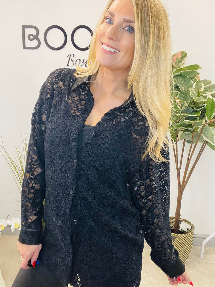 LADIES SHEER LACE BLOUSE SHIRT - BROWN, BLACK & BERRY