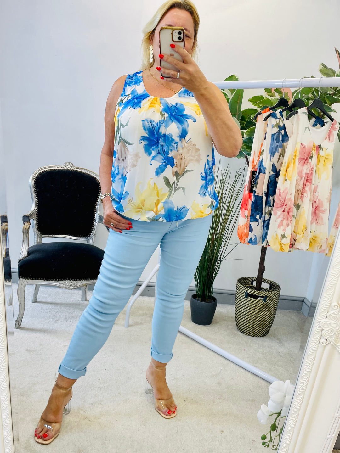 LADIES CHIFFON FLORAL PRINT TOP - PINK, ORANGE, NAVY, BLUE