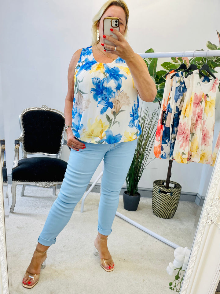 LADIES CHIFFON FLORAL PRINT TOP - PINK, ORANGE, NAVY, BLUE