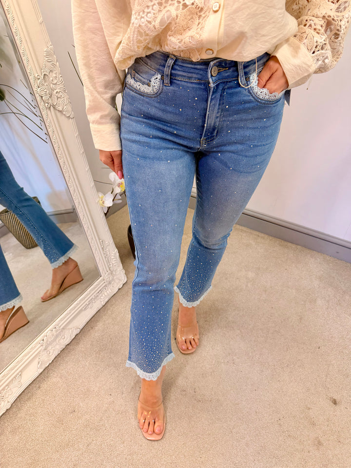 Ladies Fashion Sparkly Ankle Grazer Jeans