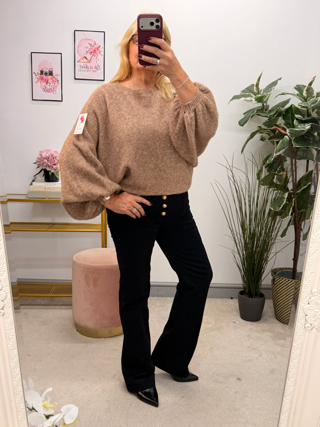 Womens fashion batwing slouch knitted jumper - black, camel & brown