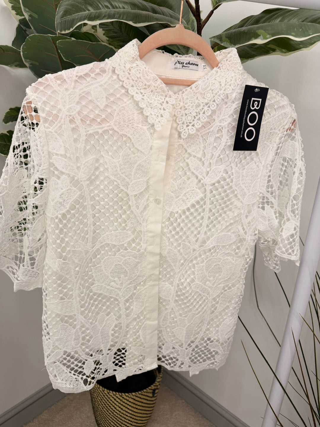 Ladies White Lacy Button Up Blouse Top