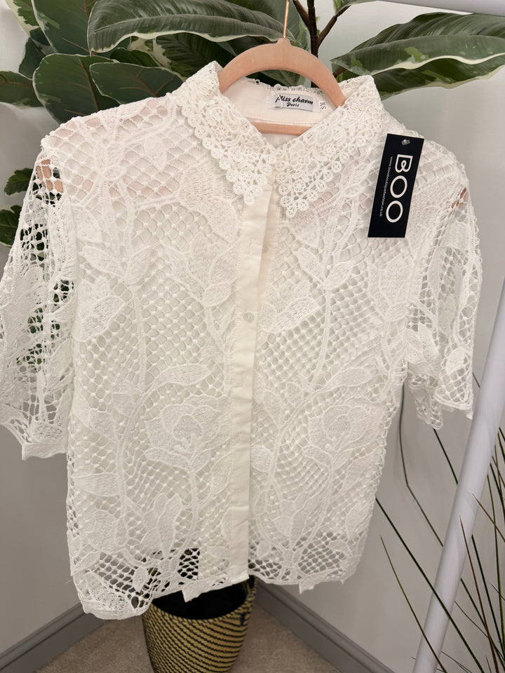 Ladies White Lacy Button Up Blouse Top