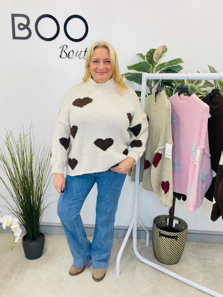 LADIES CHUNKY KNIT HEART JUMPER - MOCHA, BEIGE, BROWN & PINK