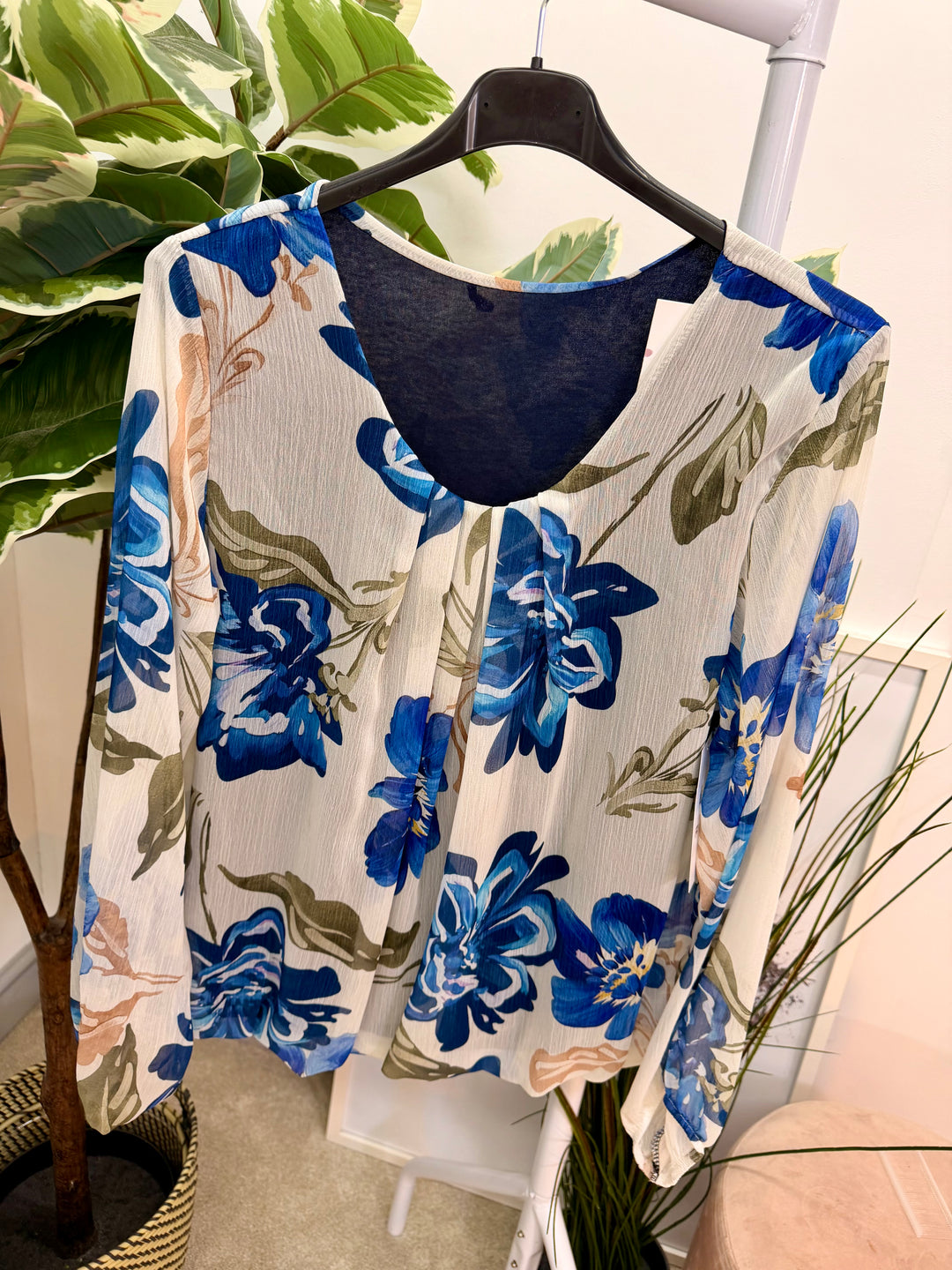 Ladies Fashion Flower Chiffon Blouse Top - Pink, Navy & Blue