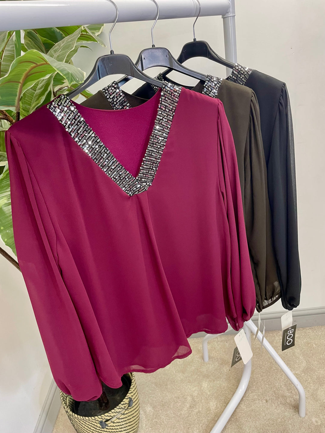 LADIES CHIFFON FLOATY SEQUIN PARTY TOP - BROWN, BLACK, BERRY