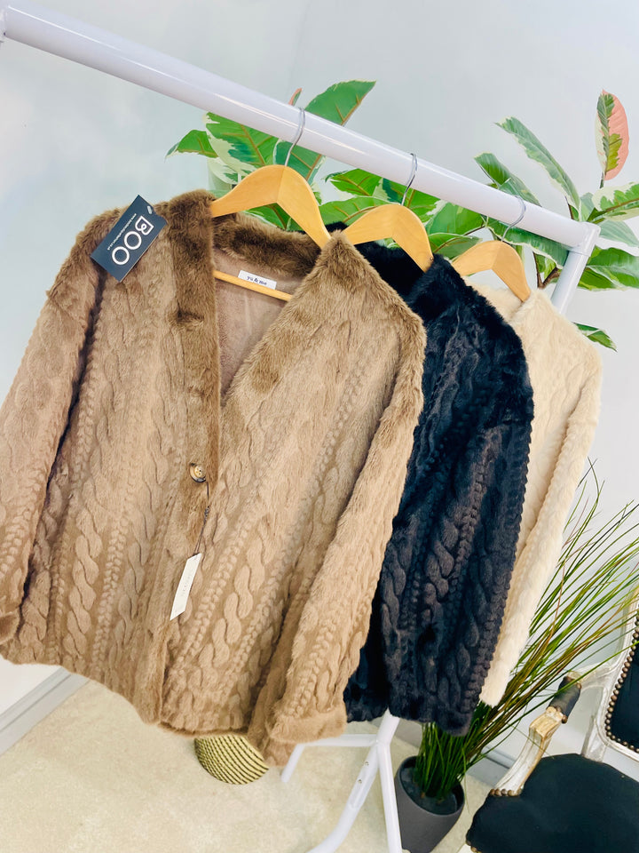 LADIES FASHION CABLE FAUX FUR JACKET - BEIGE, BROWN & BLACK