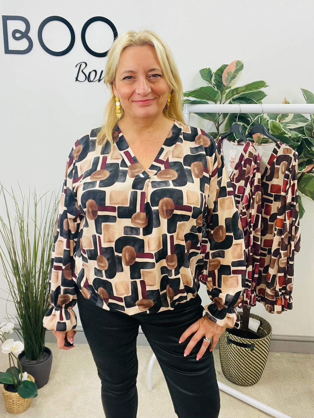 LADIES RETRO PRINT TOP BLOUSE - BLACK, BROWN, BURGUNDY