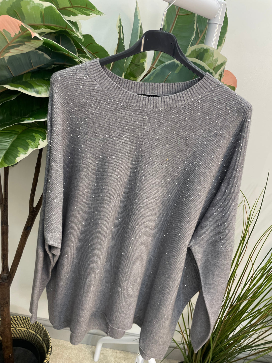 LADIES LOOSE FIT DIAMANTE OVERSIZE JUMPER - BLACK, GREY, NAVY, BROWN