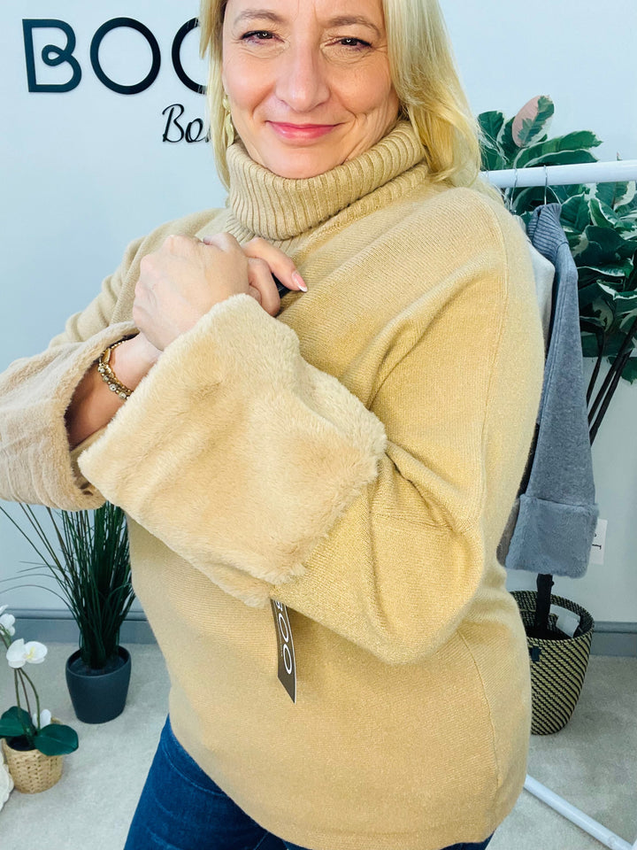 LADIES KNITTED FAUX FUR CUFF JUMPER - BURGUNDY, GREY, BLACK, BROWN, BEIGE, CAMEL
