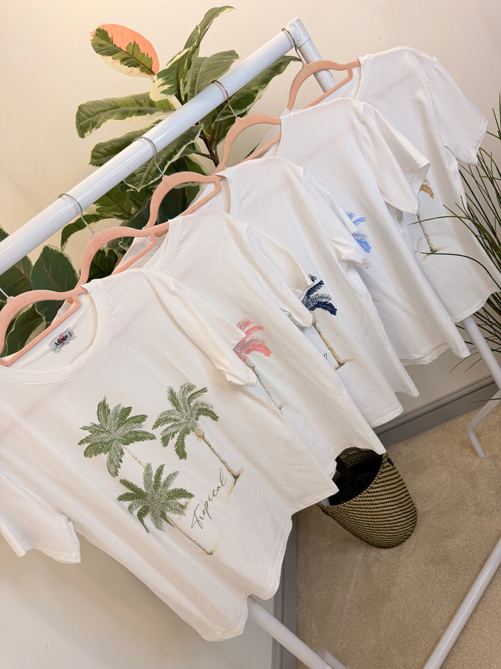 Ladies White Sparkly Tropical Print T Shirt - Navy, Blue, Pink, Khaki & Beige
