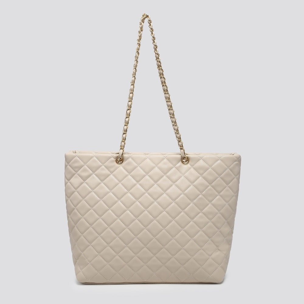 LADIES WOMENS BEIGE QUILTED INSPIRED TOTE SHOPPER BAG