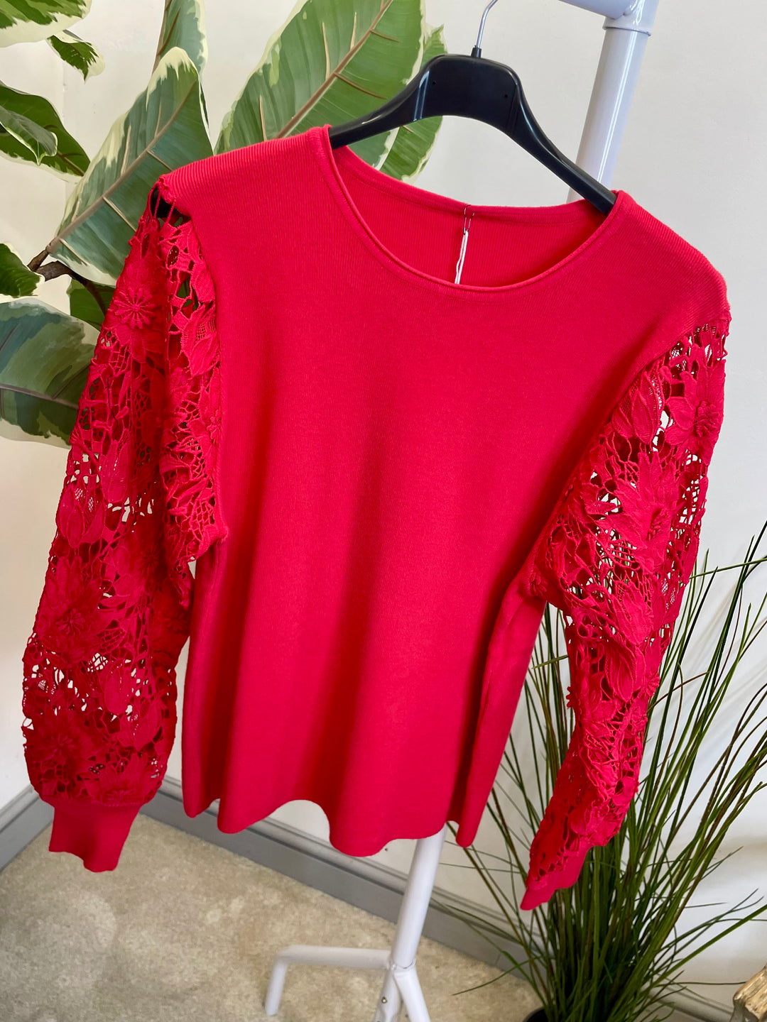 LADIES LACE SLEEVE JUMPER - BLACK, PINK, RED, BERRY,  BROWN & BEIGE
