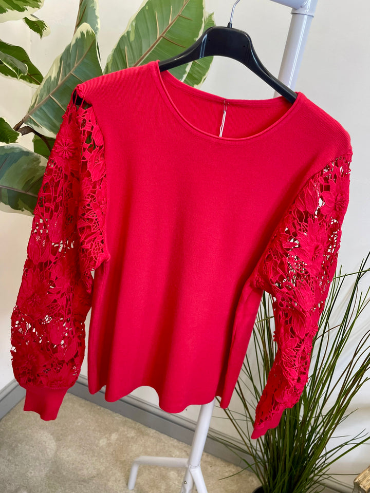 LADIES LACE SLEEVE JUMPER - BLACK, PINK, RED, BERRY,  BROWN & BEIGE