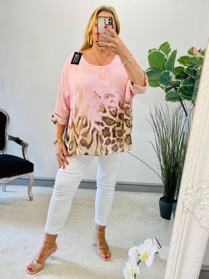 LADIES WOMENS LOOSE FIT ANIMAL LEOPARD PRINT SUMMER TOP - PINK, WHITE, BLUE