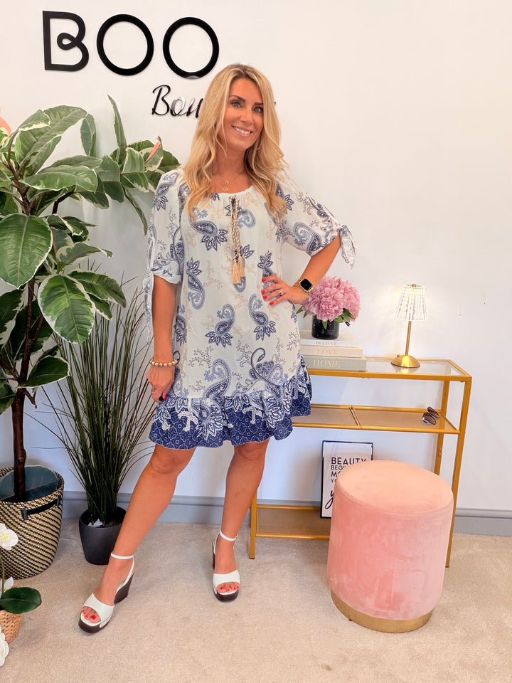 Ladies Paisley Print Summer Bardot Dress - Navy, Khaki
