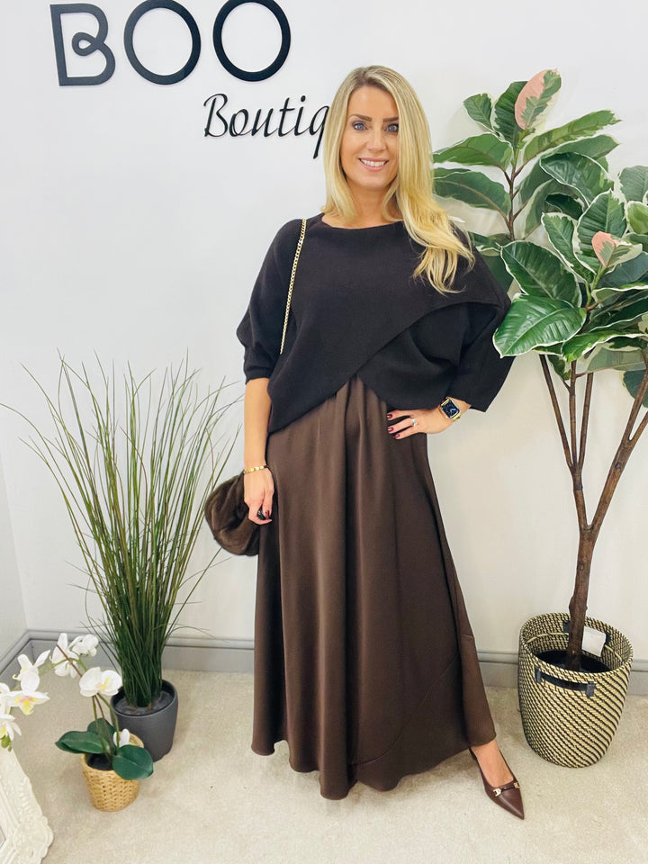 LADIES SATIN DRESS & JUMPER SET - BLACK, BROWN, BURGUNDY