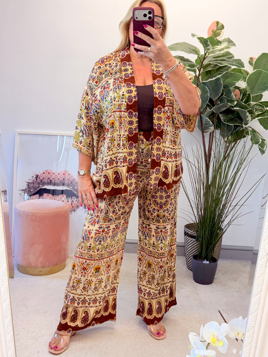 Ladies Moroccan Print Wide Leg Trouser Kimono Jacket Co Ord Set