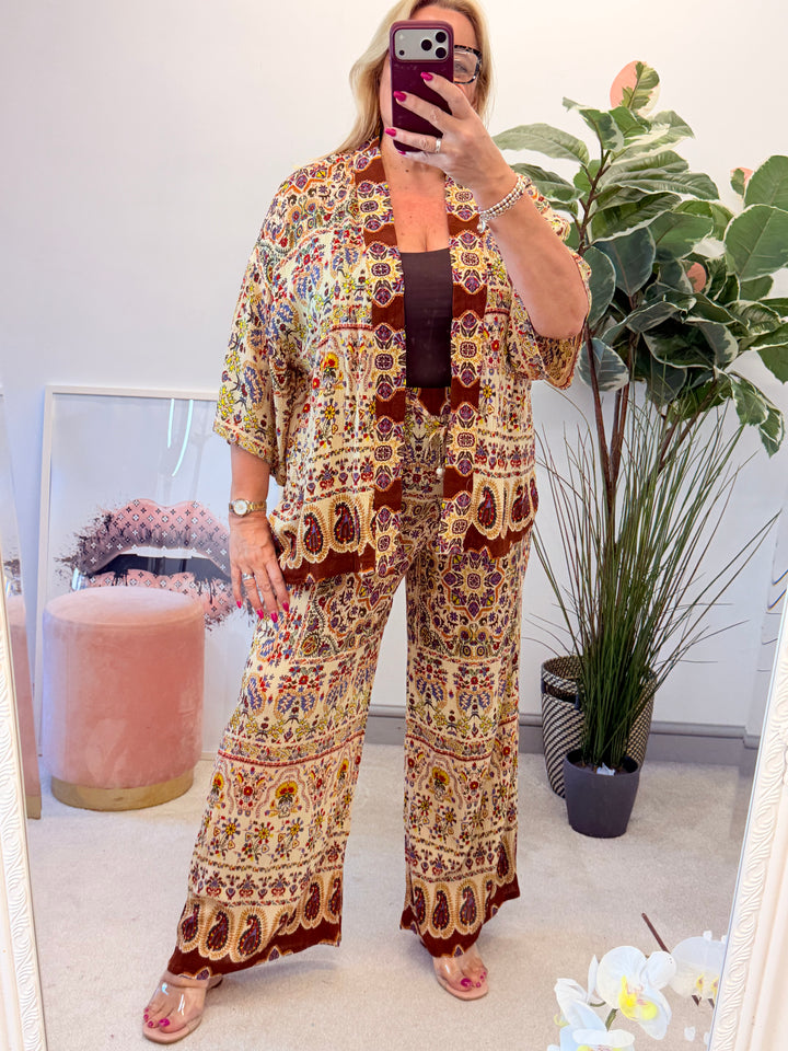 Ladies Moroccan Print Wide Leg Trouser Kimono Jacket Co Ord Set