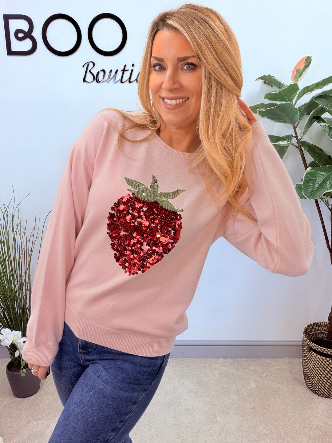 LADIES SEQUIN STRAWBERRY JUMPER - LEMON & PINK