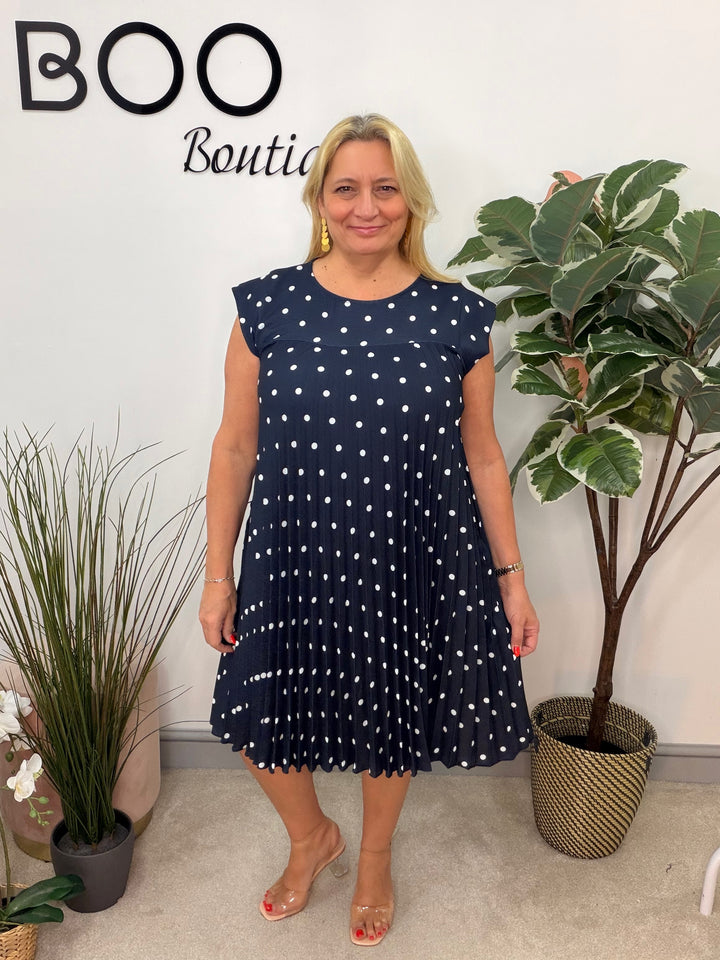 Ladies Pleated Polka Dot Midi Day Dress - black, navy, pink, blue, beige 