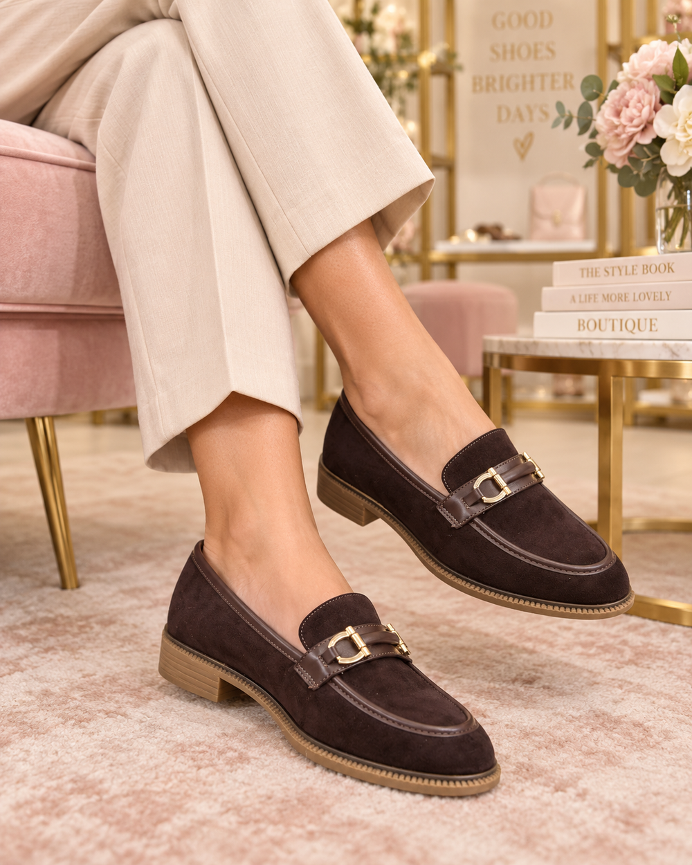 Ladies Fashion Chocolate Brown Faux Suede Flat Loafer Shoes 