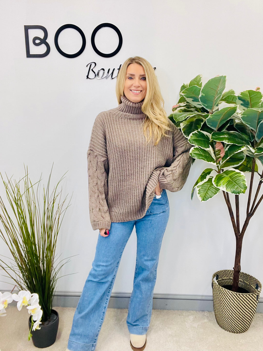 LADIES FISHERMANS CHUNKY KNIT ROLL NECK JUMPER - CREAM, MOCHA, BLACK