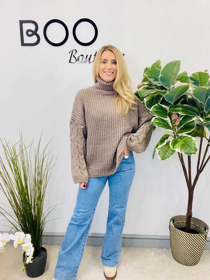 LADIES FISHERMANS CHUNKY KNIT ROLL NECK JUMPER - CREAM, MOCHA, BLACK