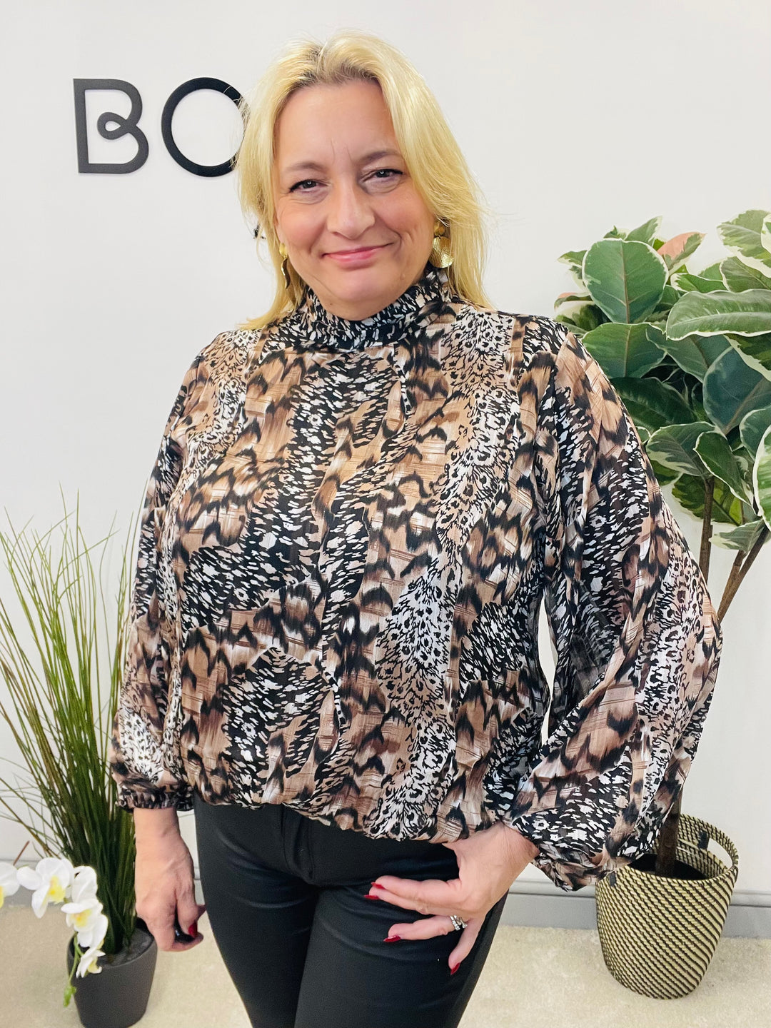 LADIES ANIMAL PRINT HIGH NECK CHIFFON TOP