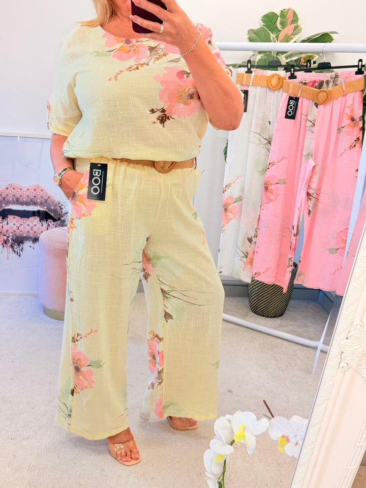 Ladies Fashion Flower Print Light Linen Wide Leg Trousers - White, Pink & Lemon
