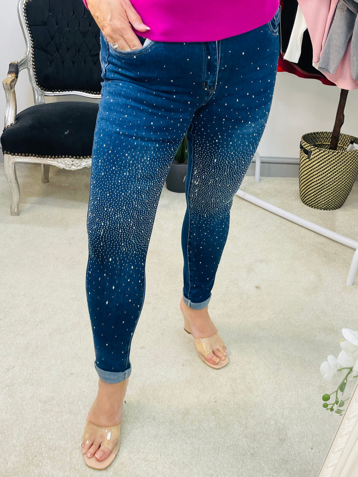 LADIES DIAMANTE SPARKLY BLUE SKINNY JEANS
