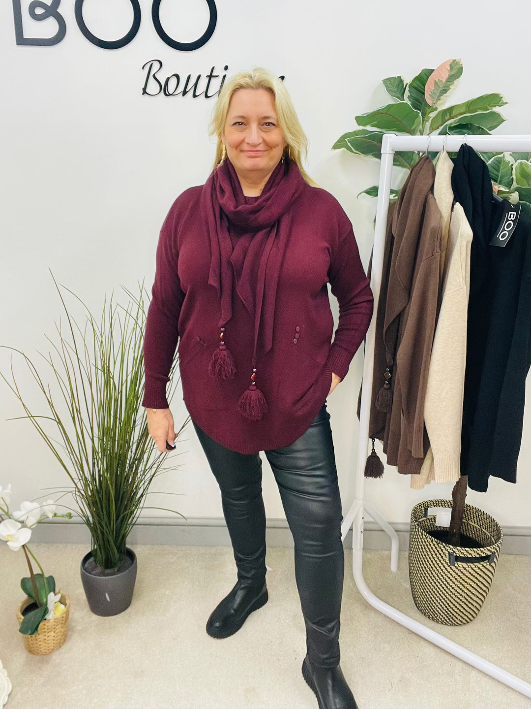 LADIES SOFT KNIT JUMPER & SCARF SET - BURGUNDY, BEIGE, BROWN & BLACK