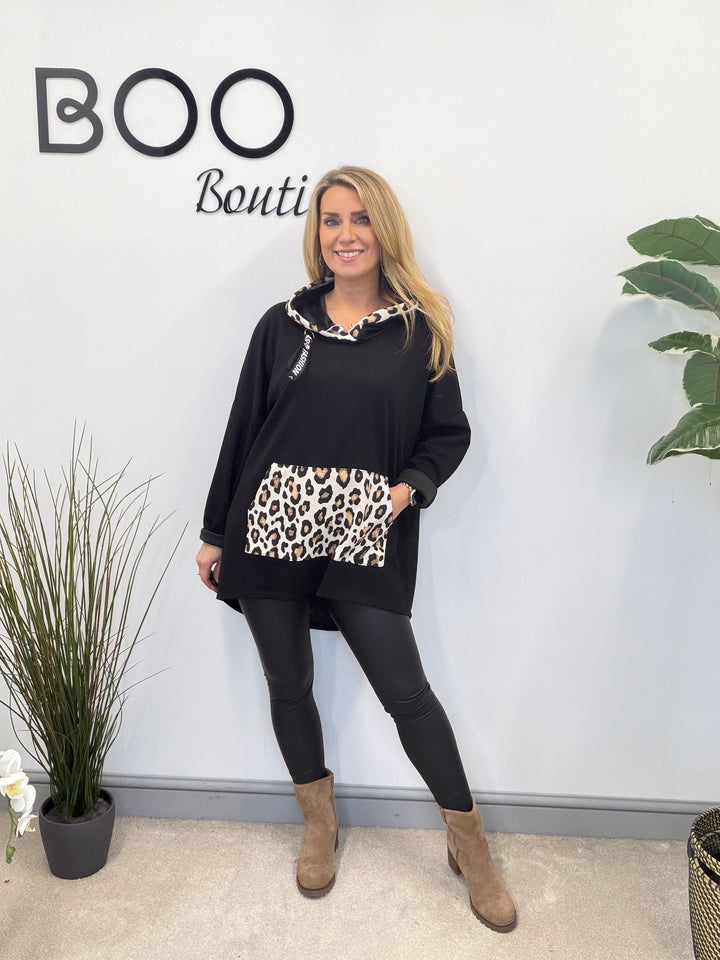 LADIES LEOPARD DETAIL HOODY SWEATSHIRT TOP - BLACK & WHITE