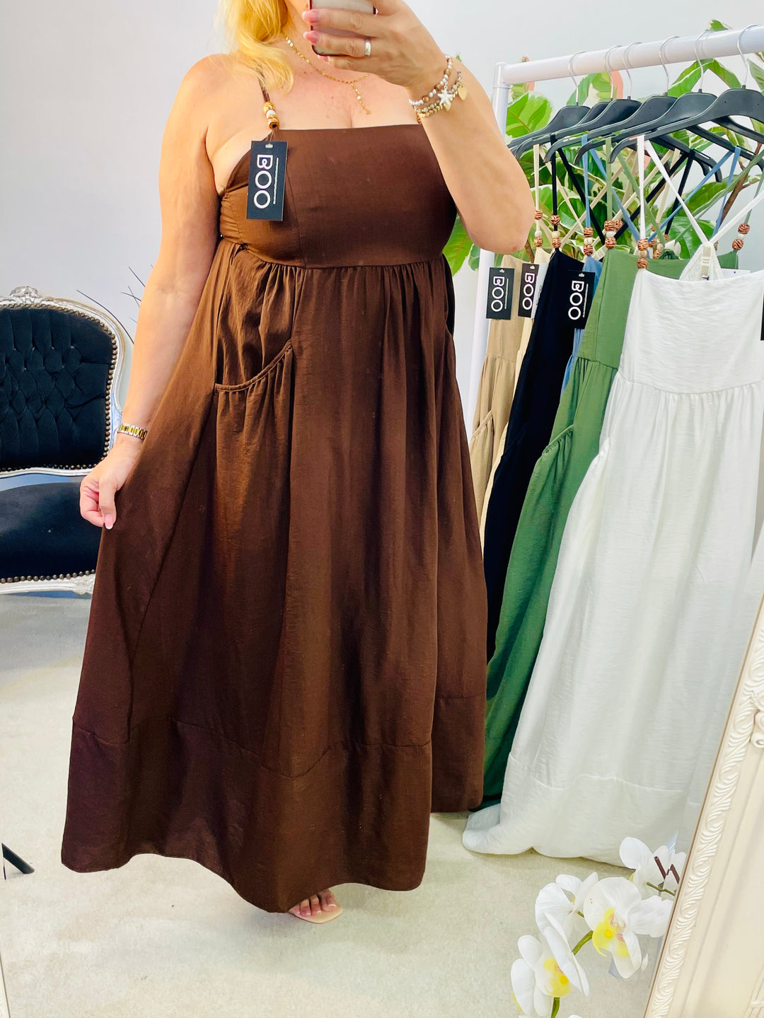 LADIES SUMMER HOLIDAY MAXI DRESS - DENIM BLUE, WHITE, BROWN, BEIGE & BLACK