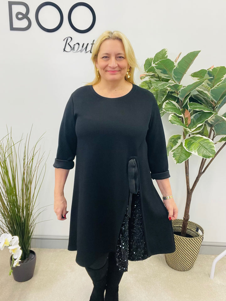 LADIES BLACK SWEATSHIRT STYLE SEQUIN DETAIL DRESS