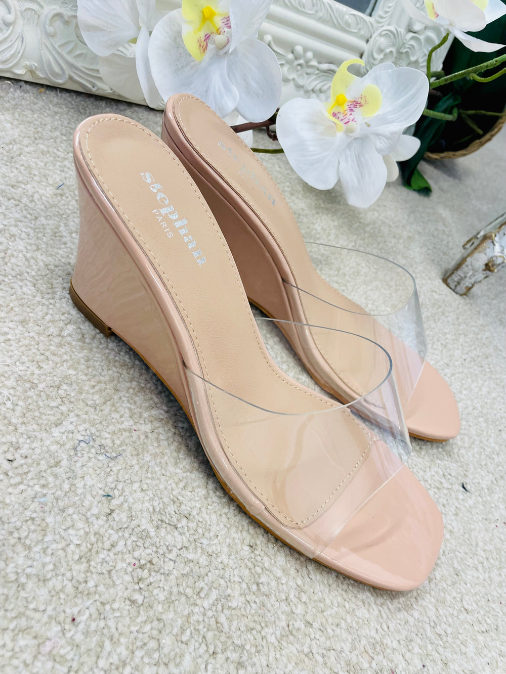 LADIES CLEAR NUDE WEDGE HEEL SUMMER SANDALS 